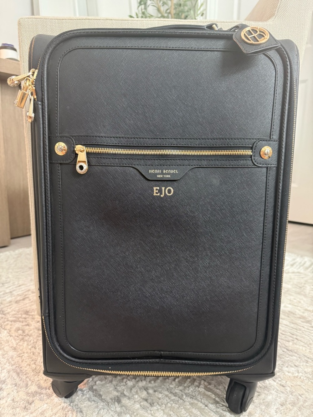 Henri Bendel West 57th Black Saffiano Spinner Carry-On with Gold Hardware